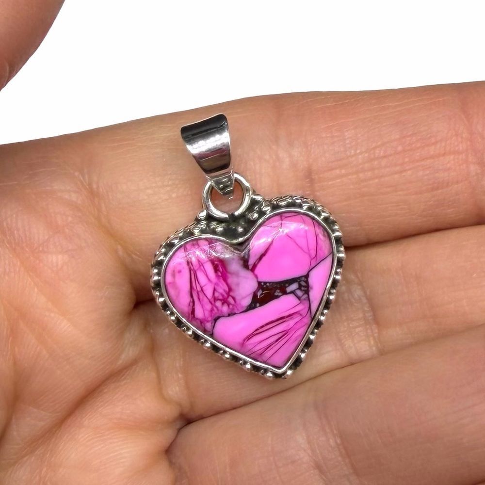 Kingman Cherry Blossom Turquoise Heart Necklace Pendant 925 Sterling Silver - Picture 2 of 6